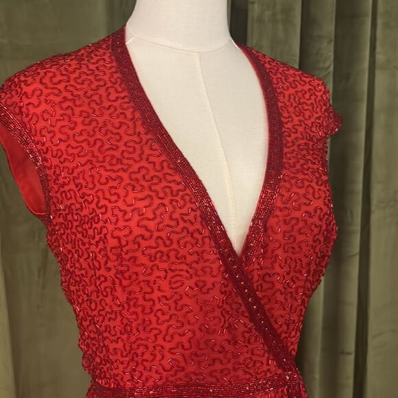 All beaded Elegant Red Wrap Dress, XS-S - Picture 4 of 14